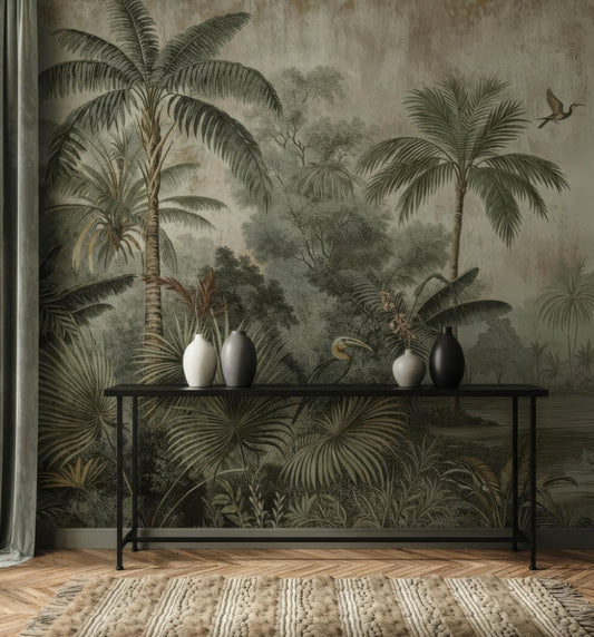 Tropical Palm Tree Peel and Stick Wallpaper - Vintage Rainforest Wall Mural