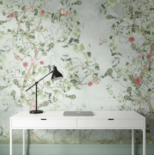 Vintage Botanical Bird Wall Mural - Peel and Stick or Traditional Wallpaper