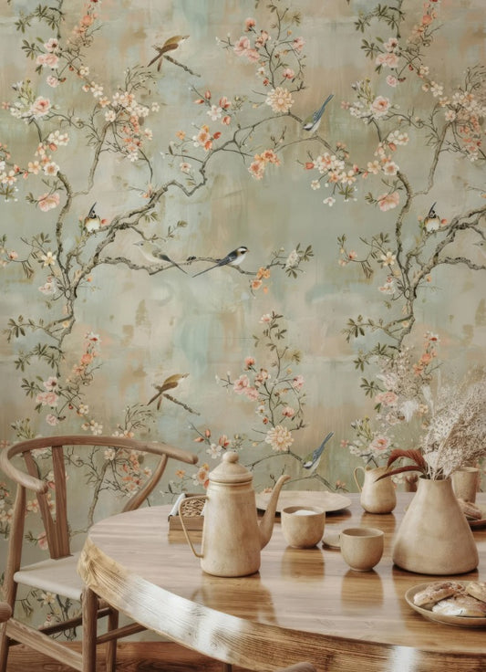 Elegant Chinoiserie Cherry Blossom Wall Mural with Birds & Flowers