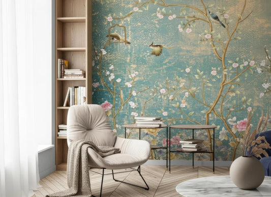 Elegant Chinoiserie Peel and Stick Wallpaper - Sakura Tree & Birds Vinyl Mural
