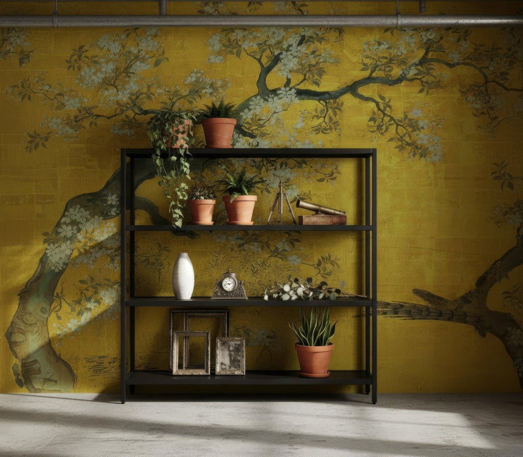 Elegant Gold Chinoiserie Peel and Stick Wallpaper - Vintage Floral & Bird Mural