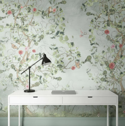 Vintage Botanical Bird Wall Mural - Peel and Stick or Traditional Wallpaper