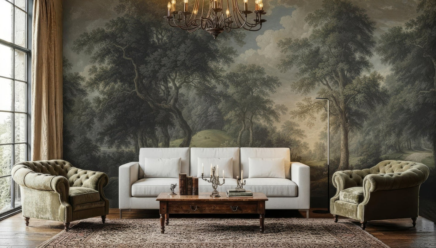 Vintage Botanical Trees Landscape Peel and Stick Wall Mural Wallpaper