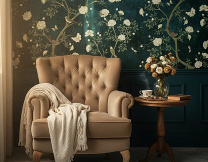 Elegant Blue Chinoiserie Cherry Blossom Bird Peel and Stick Wallpaper