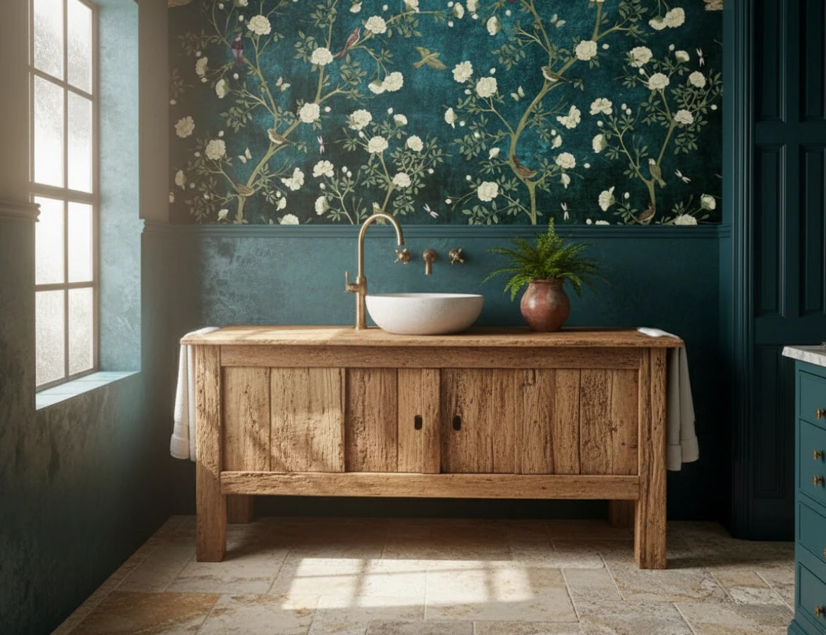 Elegant Blue Chinoiserie Cherry Blossom Bird Peel and Stick Wallpaper