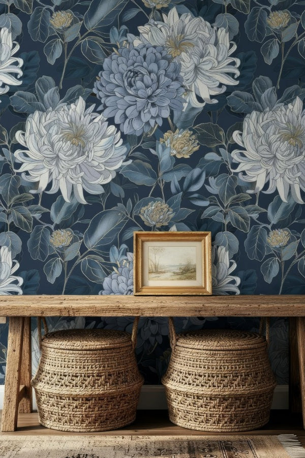 Elegant Blue Floral Chrysanthemum Peel and Stick Wallpaper Mural for Stylish Interiors