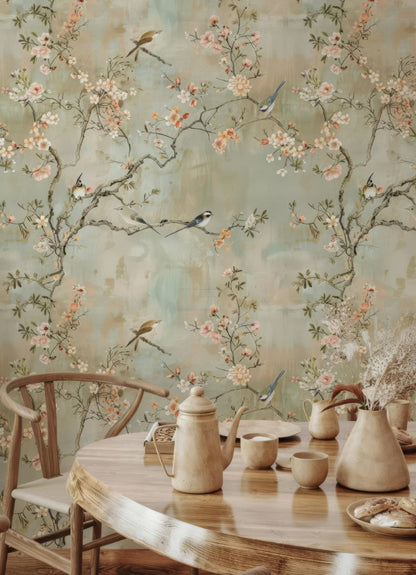 Elegant Chinoiserie Cherry Blossom Wall Mural with Birds & Flowers
