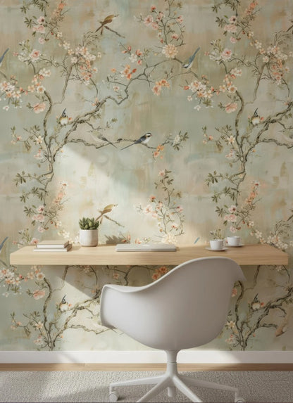 Elegant Chinoiserie Cherry Blossom Wall Mural with Birds & Flowers