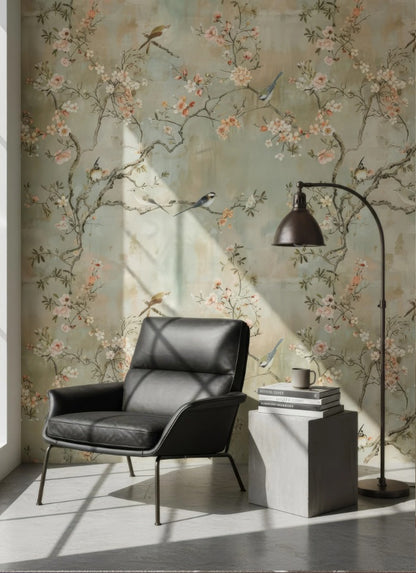 Elegant Chinoiserie Cherry Blossom Wall Mural with Birds & Flowers