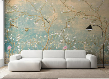 Elegant Chinoiserie Peel and Stick Wallpaper - Sakura Tree & Birds Vinyl Mural