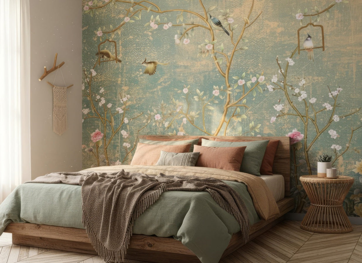 Elegant Chinoiserie Peel and Stick Wallpaper - Sakura Tree & Birds Vinyl Mural