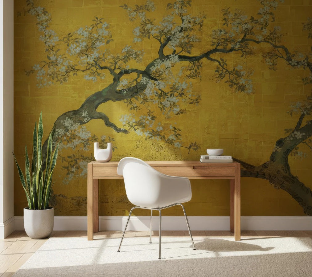 Elegant Gold Chinoiserie Peel and Stick Wallpaper - Vintage Floral & Bird Mural