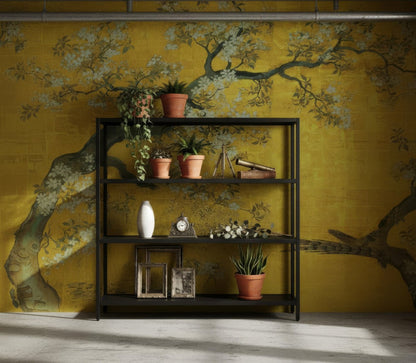 Elegant Gold Chinoiserie Peel and Stick Wallpaper - Vintage Floral & Bird Mural