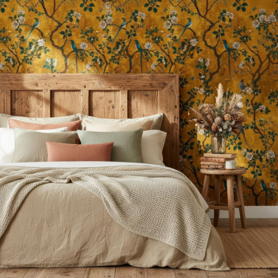 Elegant Golden Botanical Bird Wallpaper with Vintage Floral Design