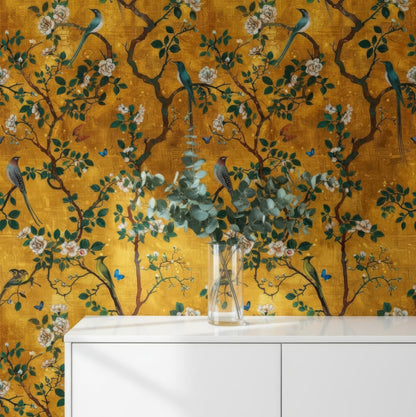 Elegant Golden Botanical Bird Wallpaper with Vintage Floral Design